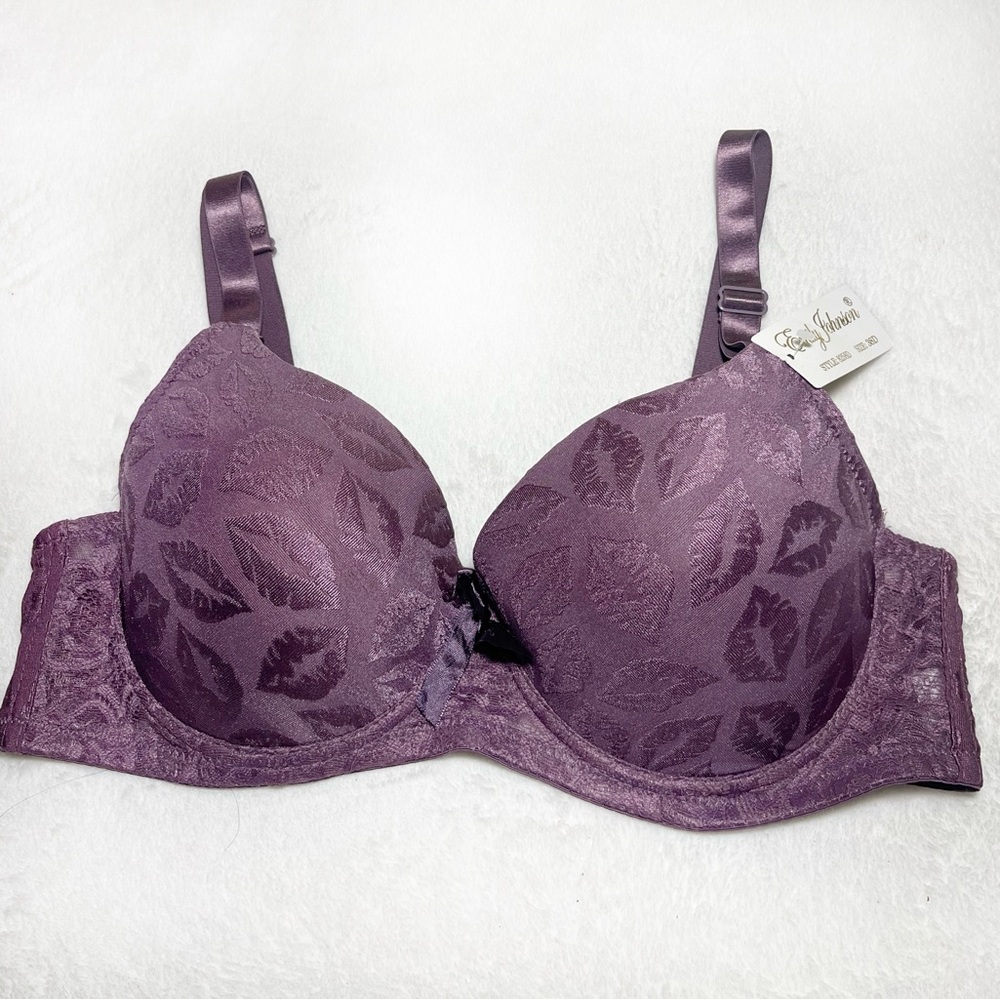 New Emily Johnson Elegant Purple Leaf Pattern‎ Bra Sz 38D